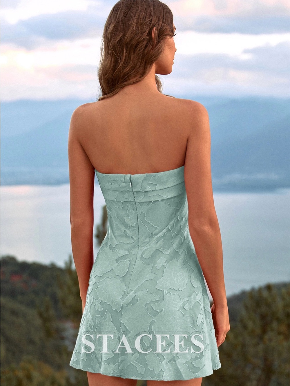Stacees Strapless Lace Mini Dress in Mint Green